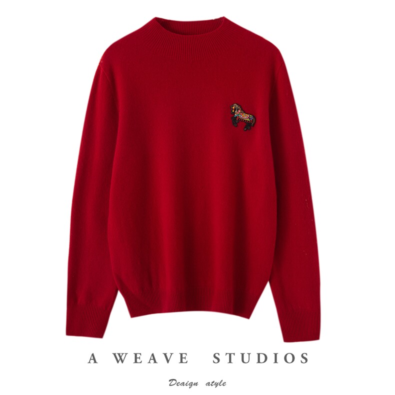 2025年秋季时尚百搭通勤简约休闲刺绣小马羊毛衫，女装羊毛衫，佰米娇羊绒