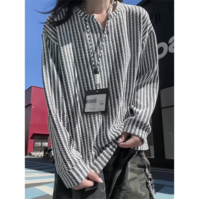 美式高街千鸟格子长袖T恤男女亨利V领英伦雅痞休闲宽松长袖打底衫，男装T恤，电商A443