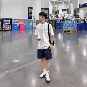藏青速干休闲短裤五分裤松紧腰夏季男生2025新款休闲百搭宽松薄款,男款mlb奶油色卫衣搭配图片