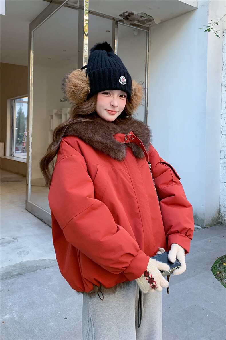 红色双面穿娃娃领派克棉服女冬超火好看高级小众加绒加厚工装外套,女装派克服,2B082