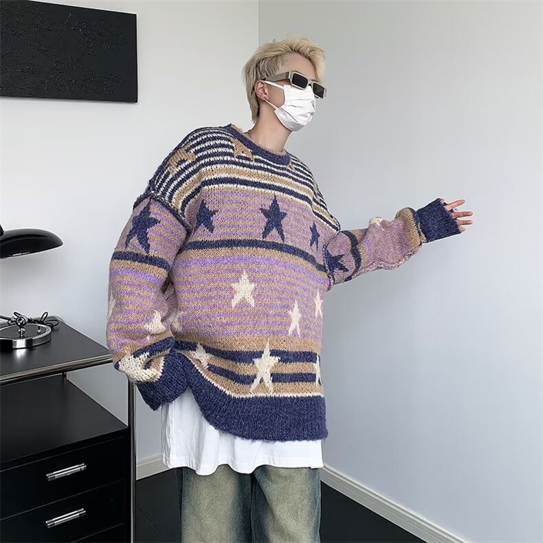 星星条纹毛衣秋冬季宽松休闲美式针织衫套头上衣男女装MZ061-P52,男装针织衫/毛衣,星座412-3