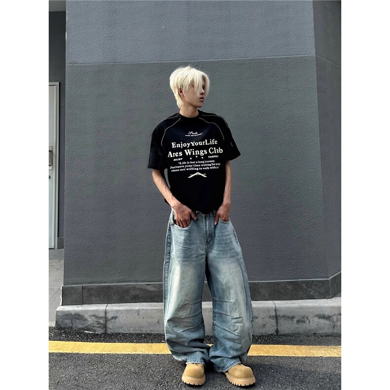 2025美式复古做旧三褶弯刀牛仔裤男女宽松直筒拖地cleanfit长裤,男装牛仔裤,星座506A