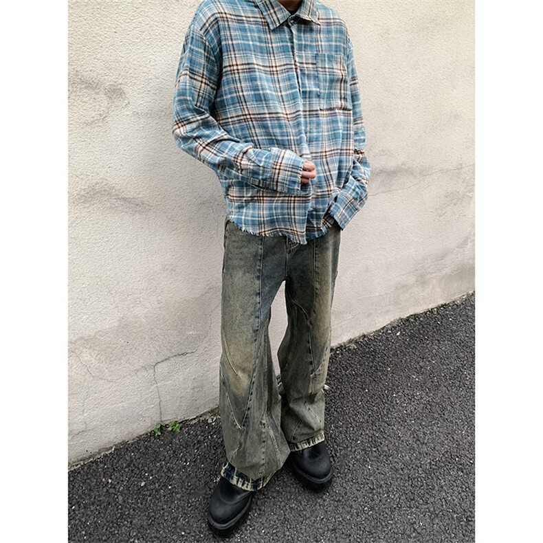 B221！美式ins高街暗黑小众毛边格子衬衫SY2320-P65控88,男装衬衫,电商B221