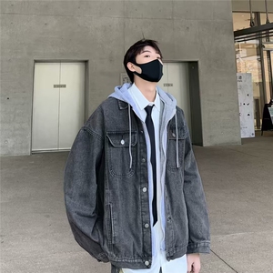 痞帅牛仔夹克男春秋潮牌ins连帽宽松百搭外套潮流韩版假两件上衣图片