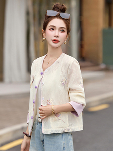 2025春夏季新款紫色薄款刺绣网纱蕾丝防晒衣女新中式国风短款外套图片
