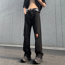 破洞牛仔裤男夏季高街设计感直筒裤美式潮牌长裤N06228-P40，男装牛仔裤，星座308B-2
