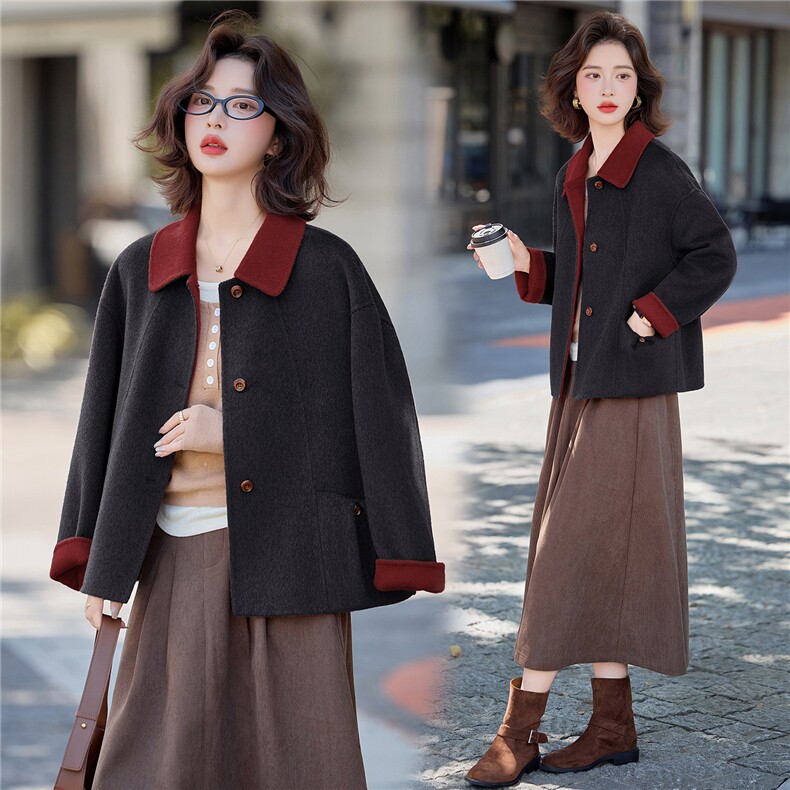 BAO款新增颜色2025冬季新款双面羊毛大衣女短款翻领撞色小个子外，女装双面呢大衣，美沁