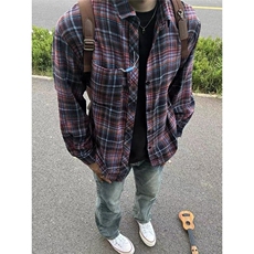 CP1223-P38日系复古格子宽松休闲单排扣口袋长袖格纹衬衫，男装衬衫，电商B323A