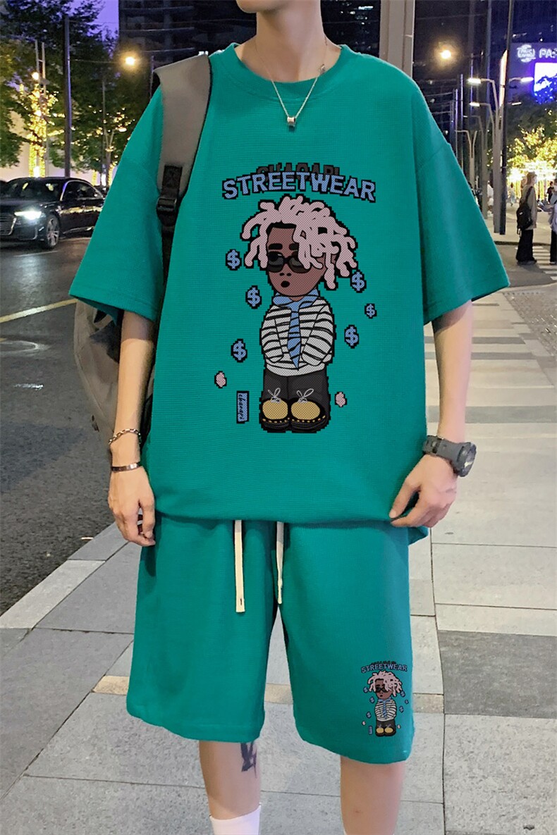 ！直播推荐2023夏季男士华夫格潮牌短袖T恤套装HTZ08P50,男装T恤,电商B220