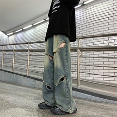 复古牛仔裤男潮牌阔腿裤宽松直筒裤美式高街百搭休闲长裤裤子，男装牛仔裤，星座716-2