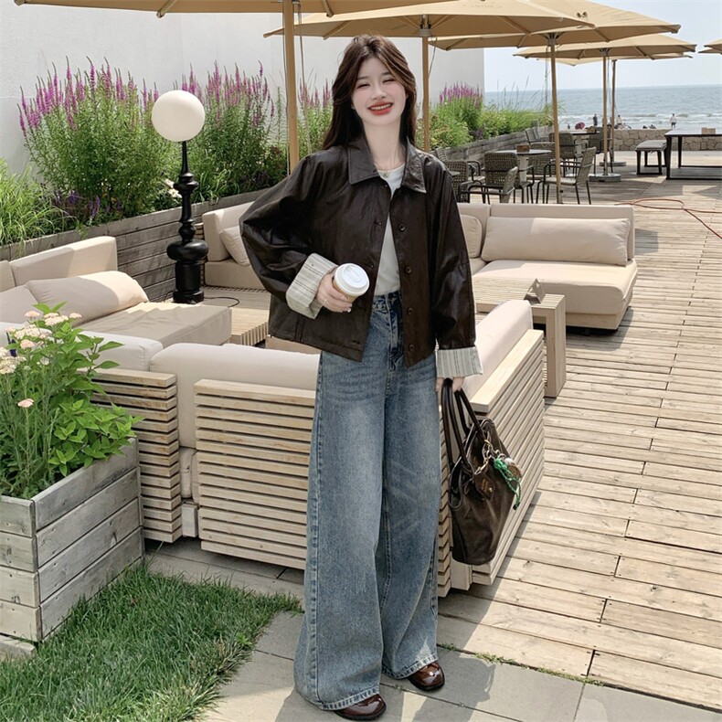 美拉德咖色设计感条纹皮衣外套女2025秋季新款慵懒风百搭减龄外套,女装短外套,2C198