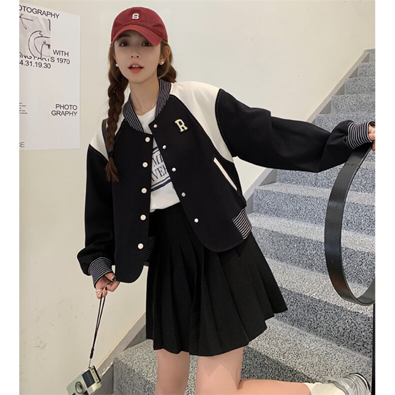 23年秋季新款小众撞色拼接黑色棒球服82378-P140-K188,女装短外套,一九零