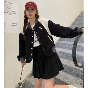 23年秋季新款小众撞色拼接黑色棒球服82378-P140-K188图片