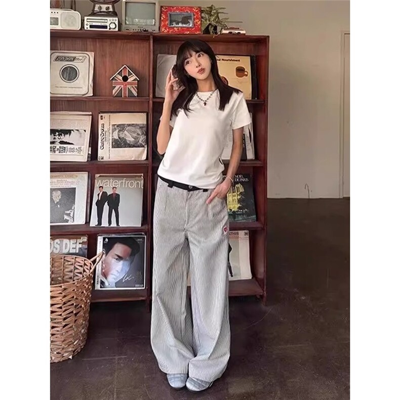 爱心刺绣美式复古竖条纹裤子女设计感小众休闲裤直筒垂感,男装休闲裤,星座506A