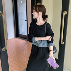 法式连衣裙女春秋2025拼接显瘦韩系宽松小个子气质黑色假两件裙子，女装连衣裙，2C029