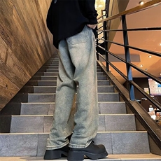 牛仔裤男春季新款美式复古做旧水洗高街宽松直筒休闲长裤，男装牛仔裤，星座410-7