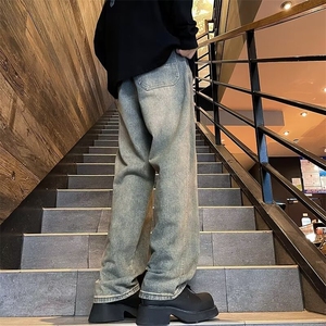 牛仔裤男春季新款美式复古做旧水洗高街宽松直筒休闲长裤图片