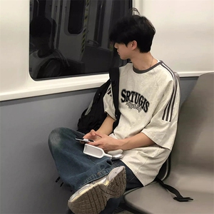 夏季美式高街重磅纯棉三条杠织带撞色男女短袖T恤ZD317-特P30图片