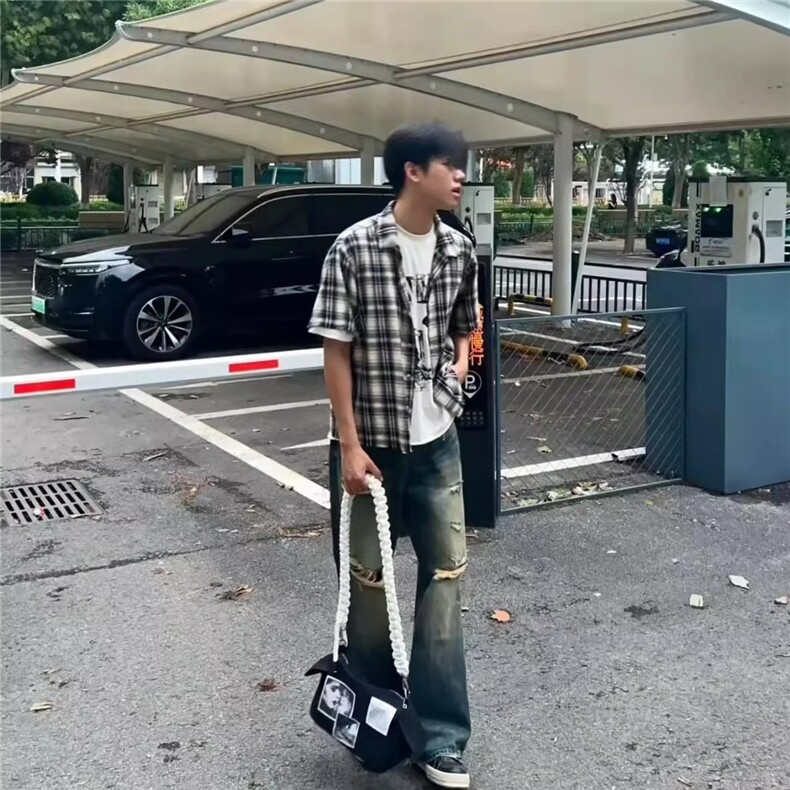 美式复古撞色毛边格子防晒短袖衬衫宽松休闲薄款衬衣CSY36,男装防晒衣,星座208-5