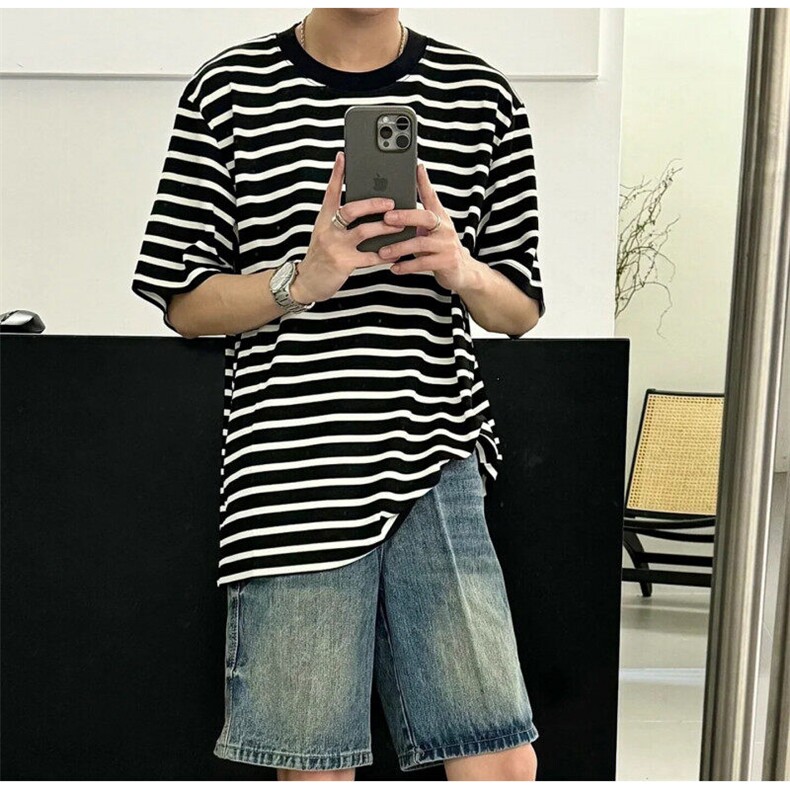 抖音直播现货条纹短袖男T恤宽松半截袖情侣装T2510-P35,男装T恤,星座1212