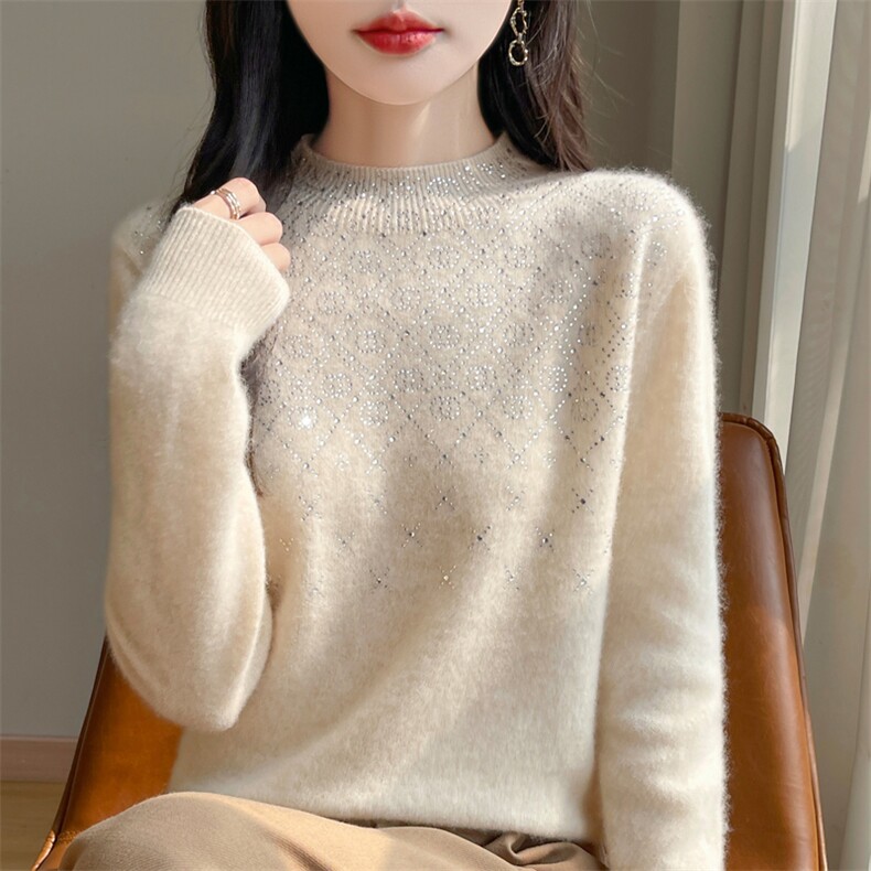 女士秋冬羊毛衫羊毛菱形镶钻简约时尚舒适,女装羊毛衫,大美人高端店