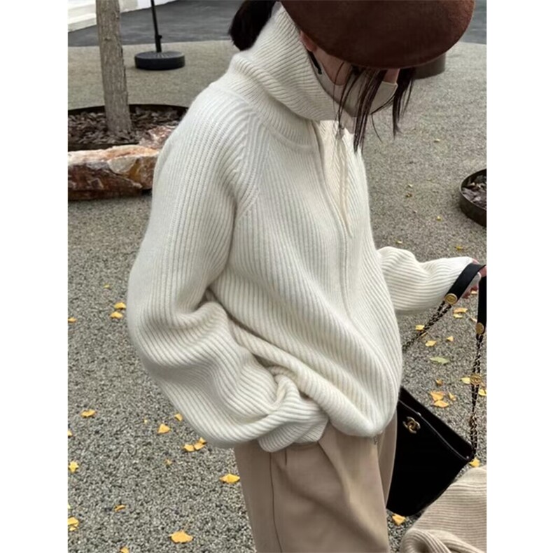 老钱风双拉链羊毛针织开衫女加厚宽松慵懒风翻领羊绒毛衣外套百搭,女装羊毛衫,若菲羊绒