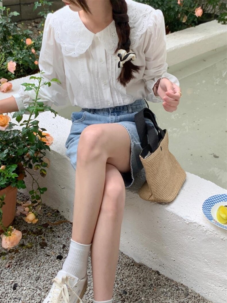 甜美双层花边娃娃领衬衫，女装衬衫，DAP