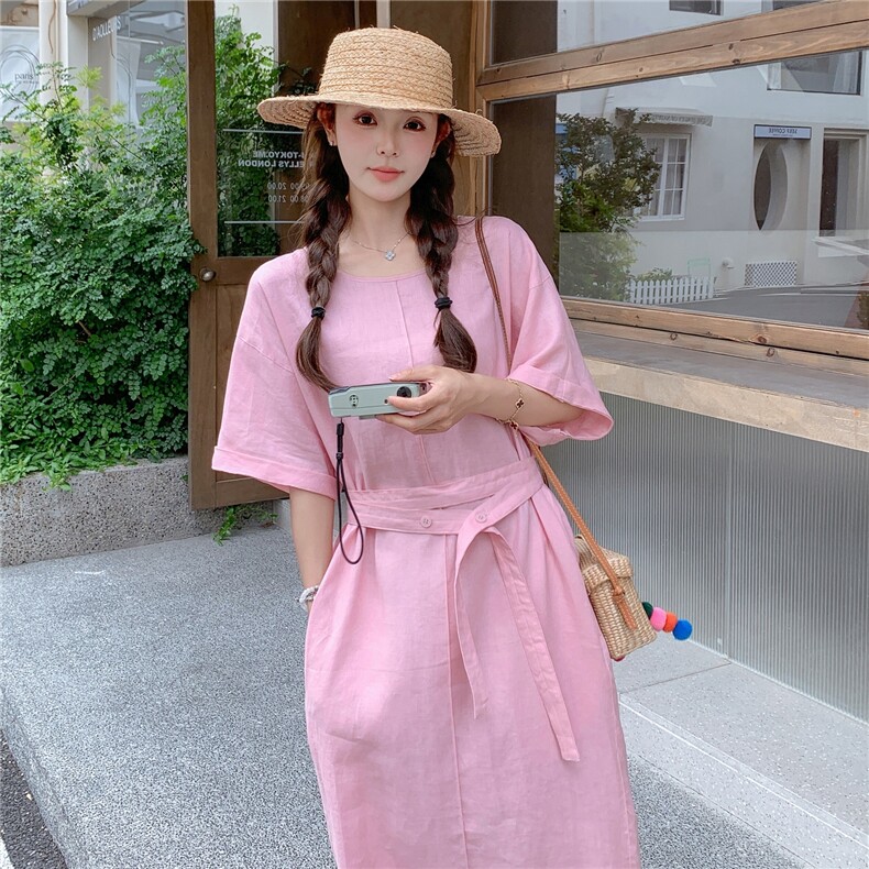 独特漂亮五分袖粉色连衣裙女夏2025新款超好看度假风收腰长裙及踝图片