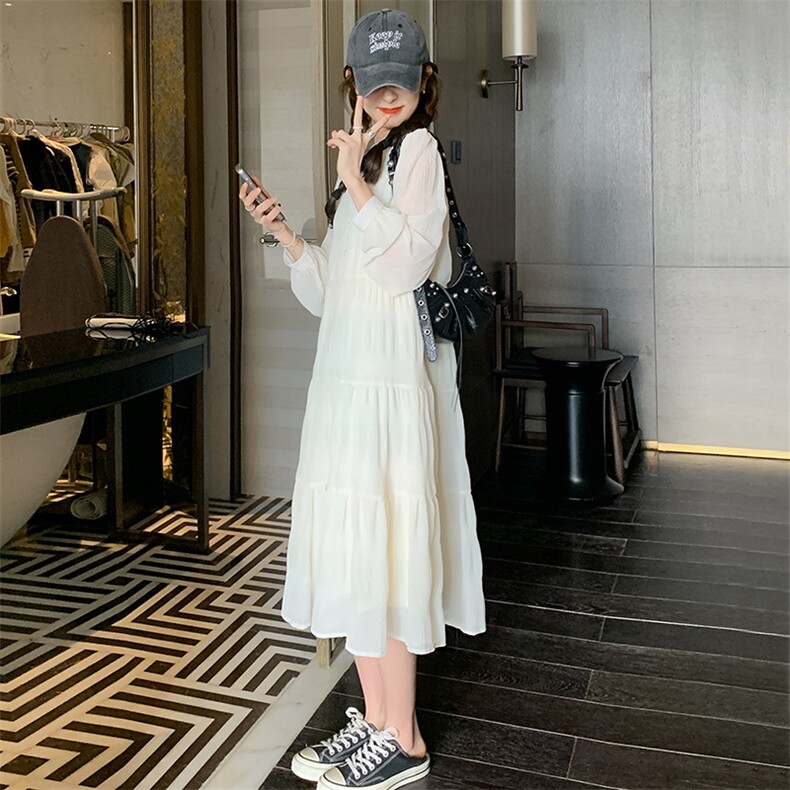 法式米白色长袖连衣裙女春秋2025新款温柔风气质宽松初恋仙女长裙图片