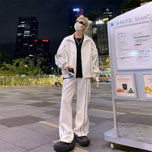 时尚小众撞色立领夹克套装男士帅气搭配一套直筒运动阔腿拖地裤子图片