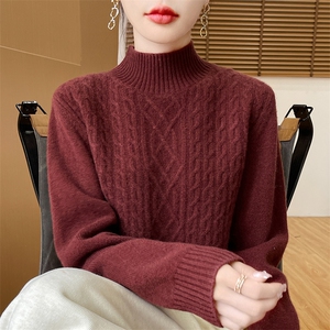 25秋冬季半高领绞花加厚100%纯羊毛衫女宽松慵懒风羊绒衫打底上衣图片