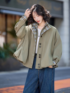 水衣源2796款灯笼外套女咸菜绿立领格子拼接洋气一手长风衣图片