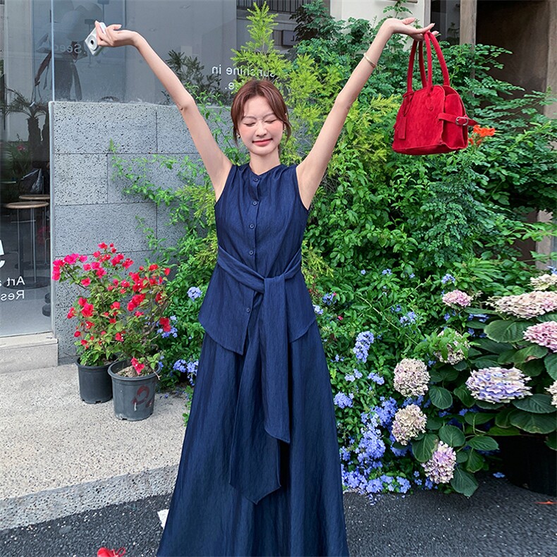 老钱风无袖绑带上衣半身裙套装女2025夏季新款法式气质显瘦两件套,女装套装/套裙,浙宝305