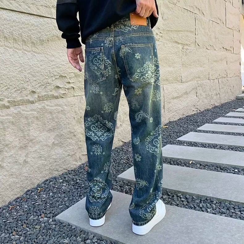 满印提花牛仔裤男款秋冬美式高街潮牌宽松直筒阔腿裤休闲痞帅长裤,男装牛仔裤,四季星座505