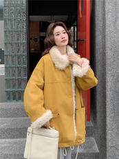 姜黄色羊羔毛拼接派克服女2025冬季新款韩系皮毛一体加绒加厚棉服，女装短外套，2B156