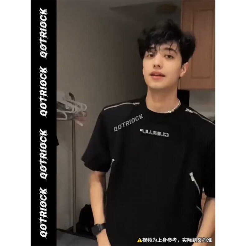 GENIOLAMODE金属多拉链重工短袖t恤男夏季美式高街设计感重磅百搭,男装T恤,星座1005-4