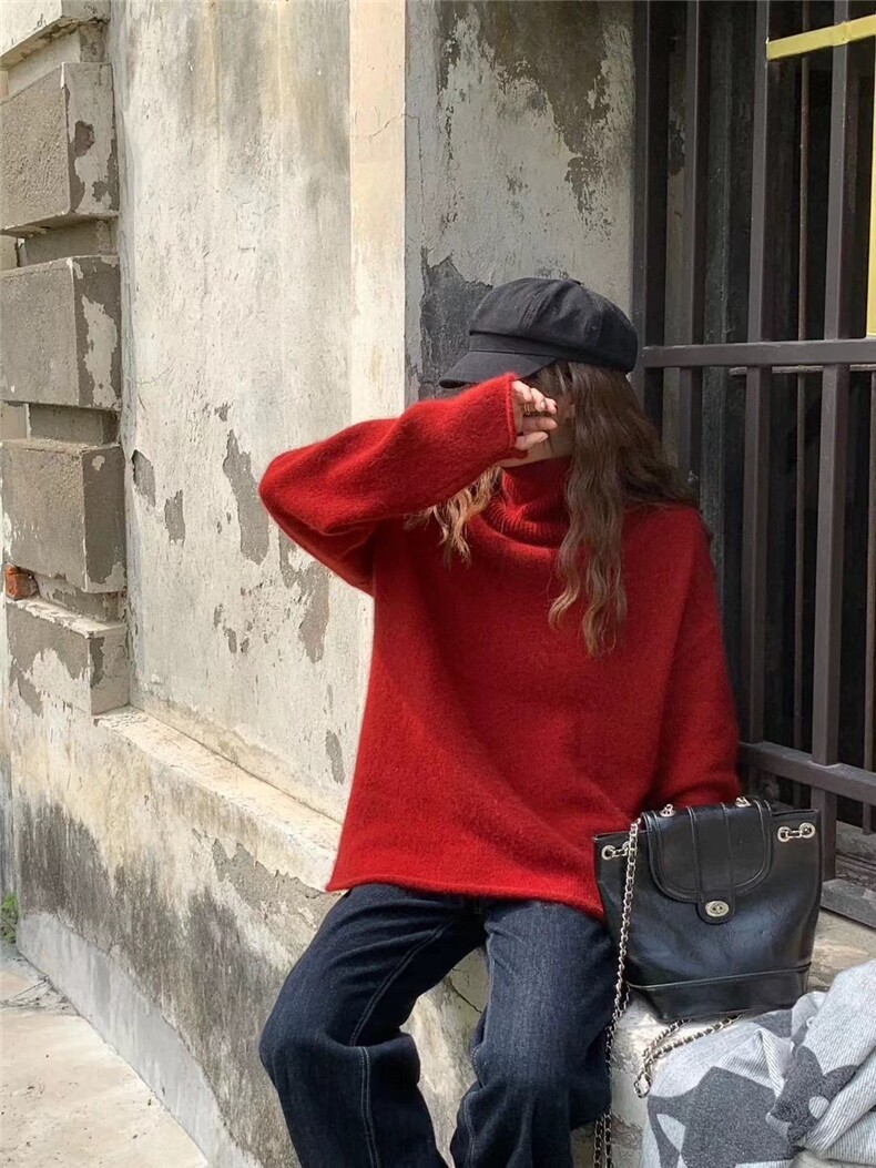 时尚百搭经典加厚卷边高领羊毛衫显瘦修身红色长袖毛衣,女装羊毛衫,圣旺供货