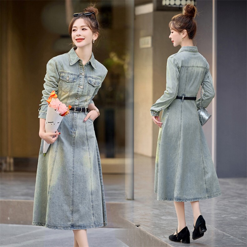 （新款现货）2026春秋长袖超好看高级感气质收腰显瘦牛仔连衣裙，女装连衣裙，印象茜