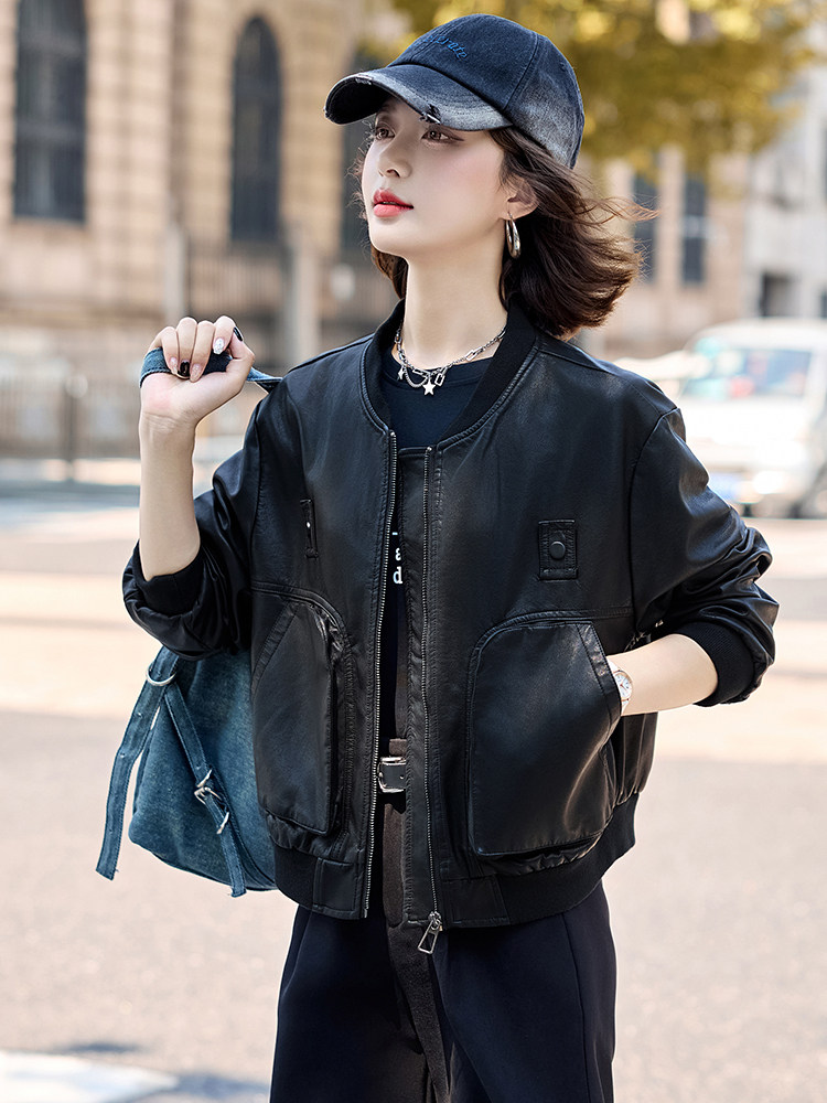 小个子皮衣外套女棒球服上衣春秋款时尚高级感港风复古显瘦皮夹克,女装皮衣,臻衣坊