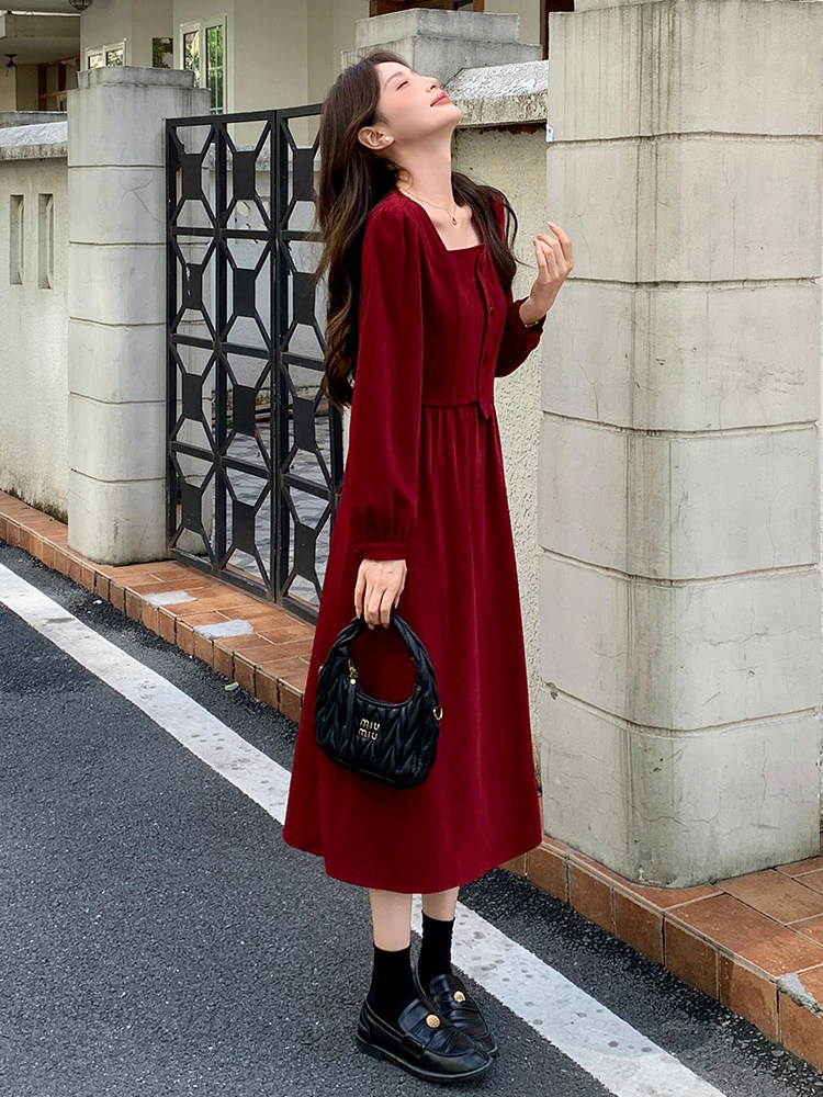 复古法式方领收腰连衣裙女2025秋季新款高级感中长款裙子,女装连衣裙,玖莱伊