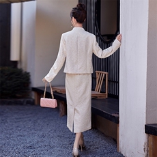 现货新中式2024年春装新款复古高级优雅气质重磅提花两件套女，女装套装/套裙，深水步