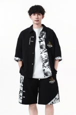 新中式竹纹拼接短袖衬衫夏季风潮牌半袖衬衣外套A436-T18-P65，男装衬衫，电商A436