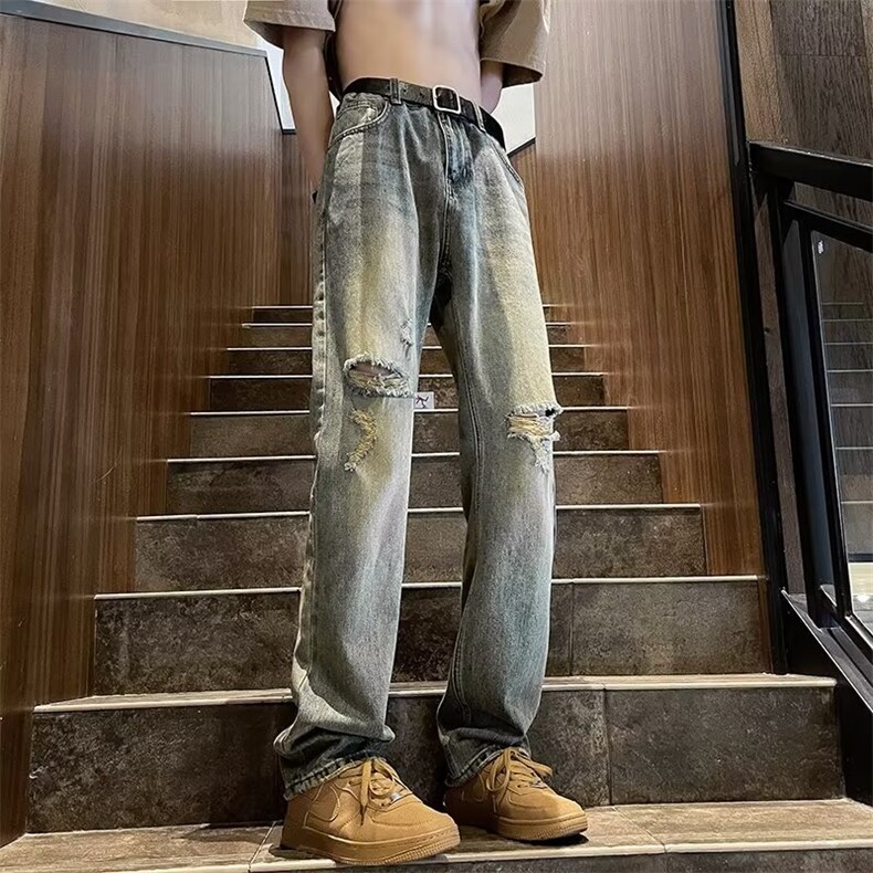 美式复古破洞牛仔裤男女宽松显瘦长裤子高街潮牌直筒裤RN903-P43，男装牛仔裤，星座1008