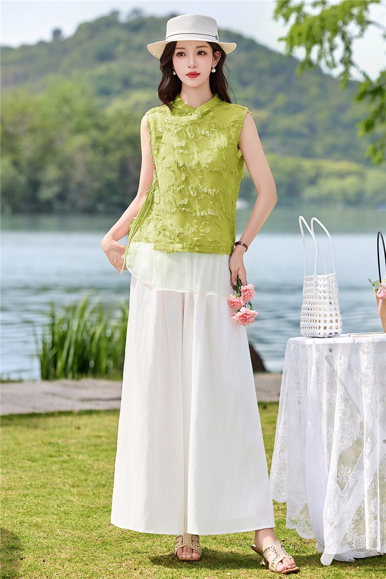 现货2026年夏季新中式上衣麻料阔腿裤子，可分开卖,女装套装/套裙,艾仟回(原伊仟回)