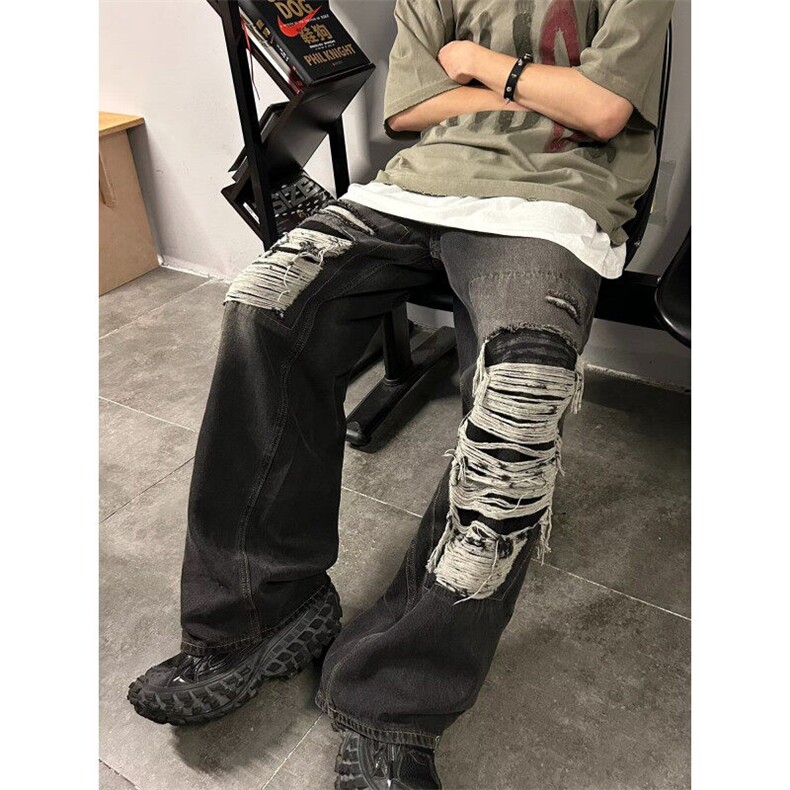 美式复古破洞牛仔裤男宽松阔腿直筒拖地潮牌高街裤子WLA455-p50,男装牛仔裤,星座1008