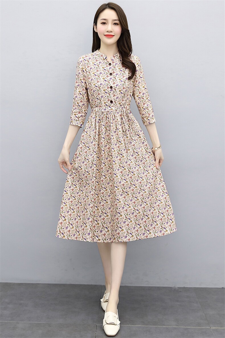 2021春装新款印花棉麻连衣裙修身时尚舒适连衣裙,女装连衣裙,欣贝拉