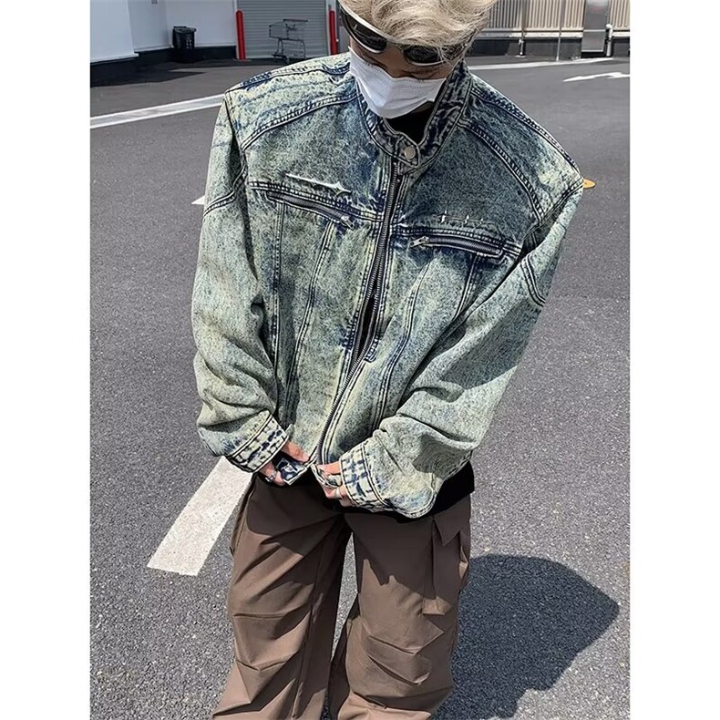 现货美式短款牛仔外套新潮牌男装潮流垫肩立领牛仔夹克JK8203-P78，男装工装外套，星座302B-3