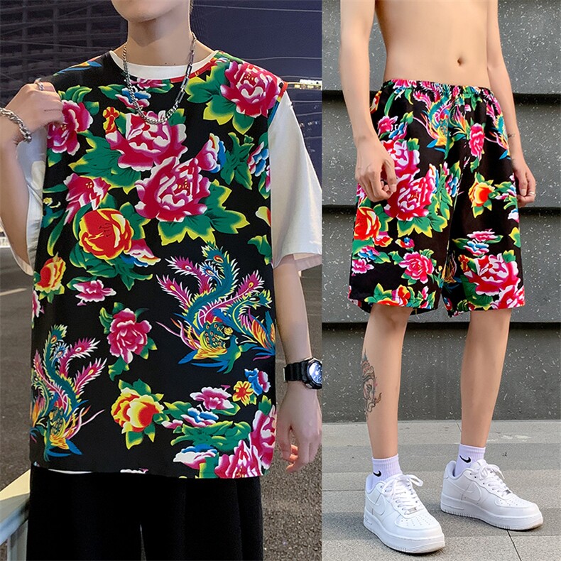 TZ01男士休闲大码东北大花T恤短裤套装男女运动休闲装风特色,男装休闲套装,星座115A(原星座507）