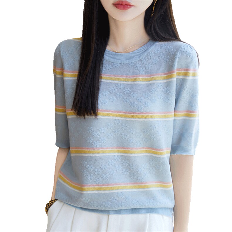 夏季新款时尚气质短袖针织衫女修身显瘦百搭休闲上衣,针织衫/毛衣,郡淞羊绒