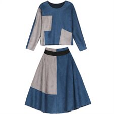 2021春季新款纯色舒适休闲时尚百搭拼接麂皮绒连衣裙，女装套装/套裙，天丝秀